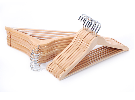 Glossy Finish Natural Color Deluxe Wooden Suit Hangers with Flat Hooks and Anti-Slip Bar