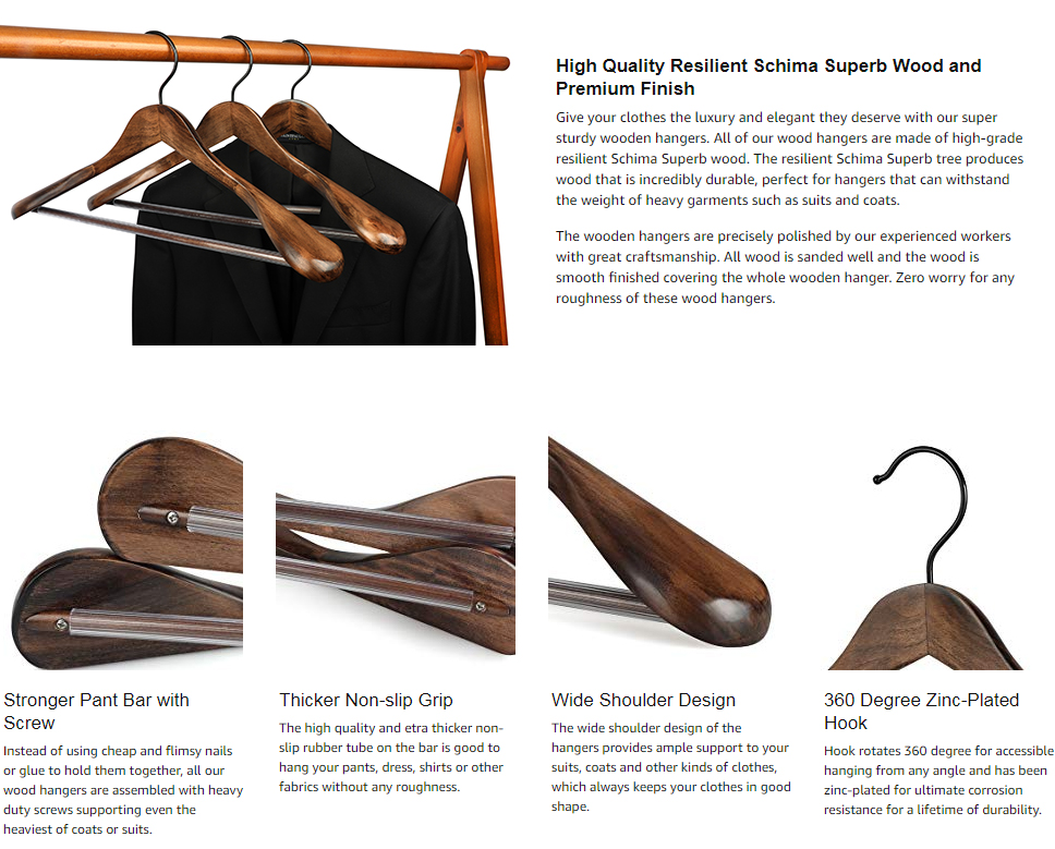 Quality Luxury Wooden Suit Hangers Wide Wood Hanger for Coats and Pants Retro Finish 6, Retro