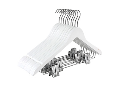  White Wooden Suit Hangers with Adjustable Metal Clips