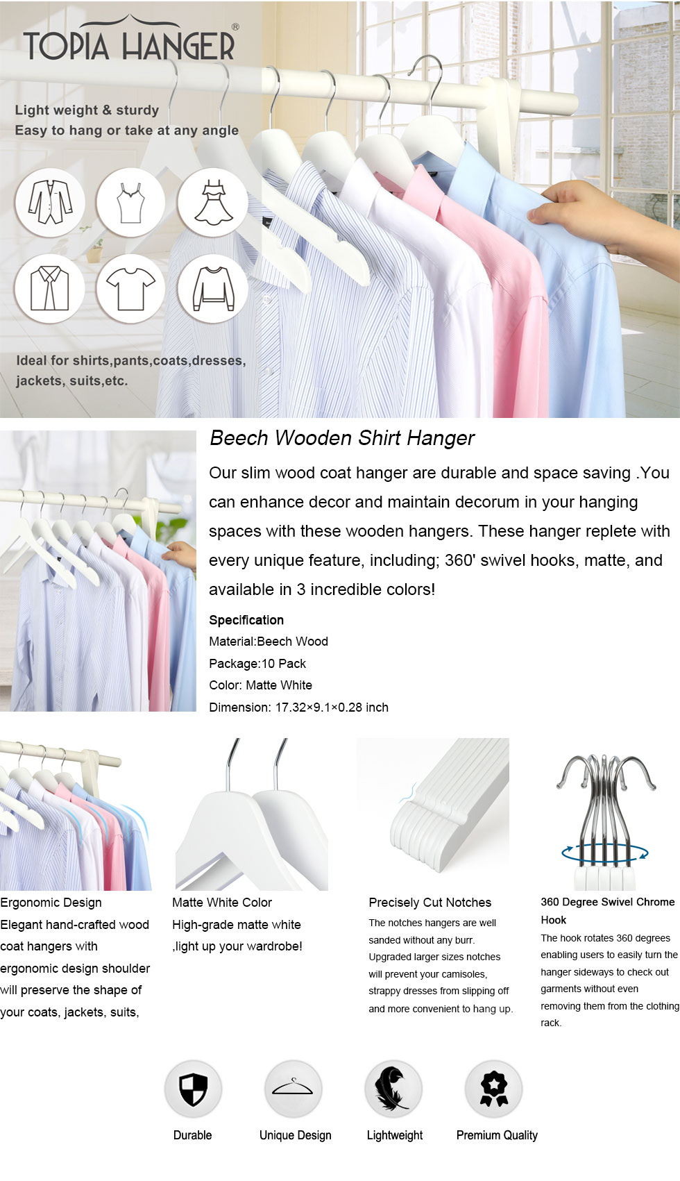 Premium Wooden Clothes Hangers 10pcs/set- Durable Slim Hangers