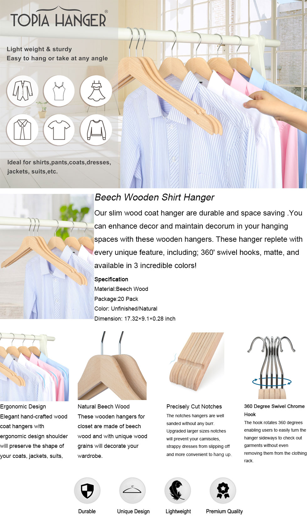 Premium Wooden Clothes Hangers 10pcs/set- Durable Slim Hangers