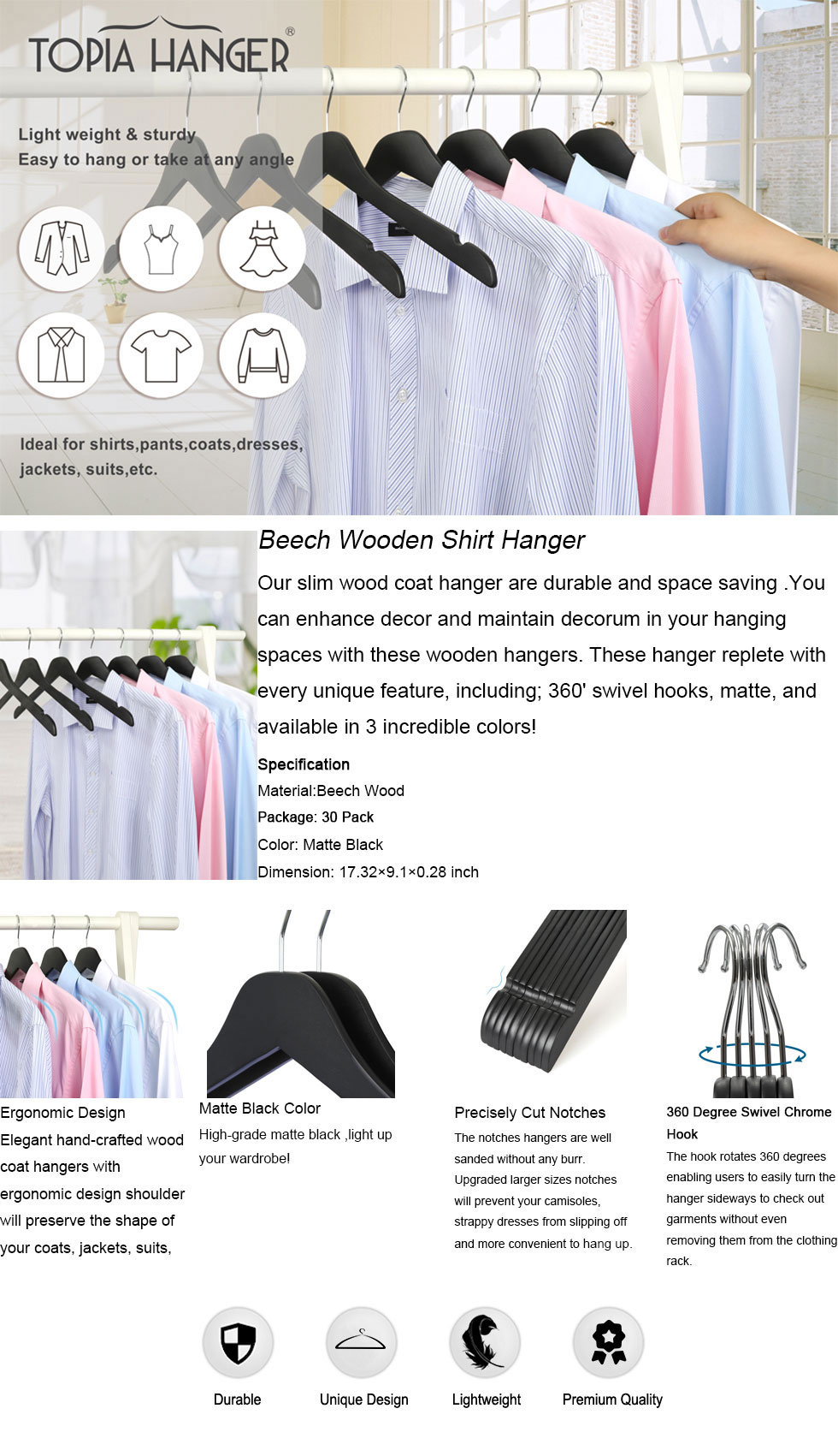 Premium Wooden Clothes Hangers 10pcs/set- Durable Slim Hangers