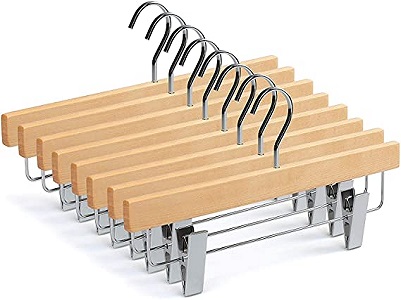 TOPIA HANGER 10-Pack Natural Wood Pant Hangers, Luxury Wooden Skirt Hangers, Glossy Finish with Extra Thick Chrome Hooks & Anti-Wrinkle Clips CT03N10