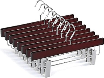 TOPIA HANGER 10-Pack Cherry Wooden Pants Hangers, Luxury Wood Skirt Hangers, Glossy Finish with Extra Thick Chrome Hooks & Anti-Wrinkle Clips CT03M10