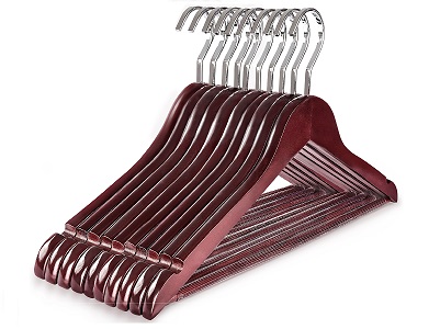 TOPIA HANGER Extra Strong Cherry Wooden Suit Hangers, Solid Wood Coat Hangers, Glossy Finish with Extra Thick Chrome Hooks & Anti-Slip Bar, 10-Pack CT01M10