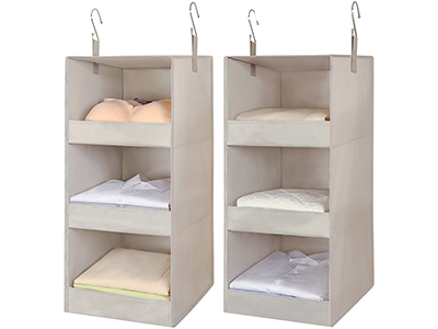 TOPIA HOME 3-Shelf Hanging Closet Organizers, Collapsible Hanging Closet Shelves, Closet Organizers and Storage for Wardrobe, Nursery, Baby Room, RV/Camper, Beige/Gray, 2 Pack, TP01LG2