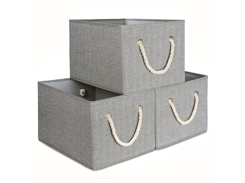 TOPIA HOME Fabric Storage Bins for Organization with Rope Handles, 3-Pack Collapsible Storage Baskets for Organizing, Cube Canvas Closet Organizers for Shelves, Large, Gray, TP02DG