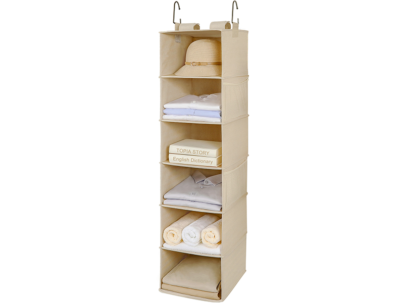 TOPIA HOME 6-Shelf Hanging Closet Organizers and Storage, Foldable Hanging Closet Shelves with 4 Mesh Pockets, Wardrobe Clothes Organizer with 2 Sturdy Hooks, Upgraded Fabric, Beige, TP06Y
