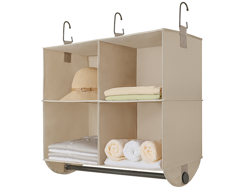 TOPIA HOME Hanging Closet Organizer with Collapsible Garment Rod, 4 Section Closet Organization and Storage Shelves, 4 Cubes Polyester Cotton Fabric Baby Storage Organizer, Beige, TP08Y